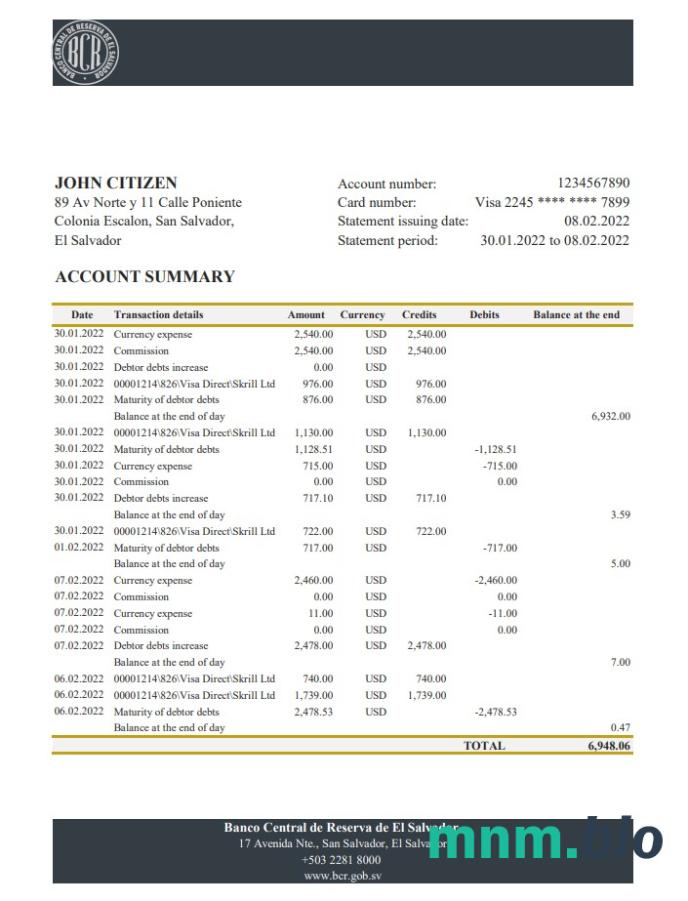 Szablon wyciągu bankowego Salvador Banco Azul w programie Word i PDF